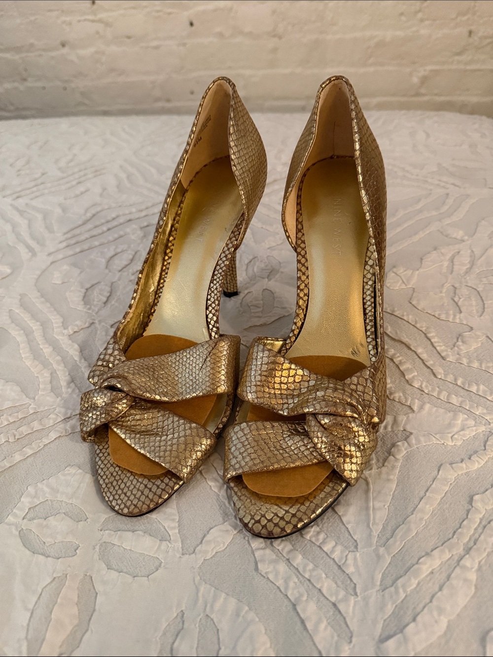 Nine West Metallic Gold Knot Peep-Toe Stilettos